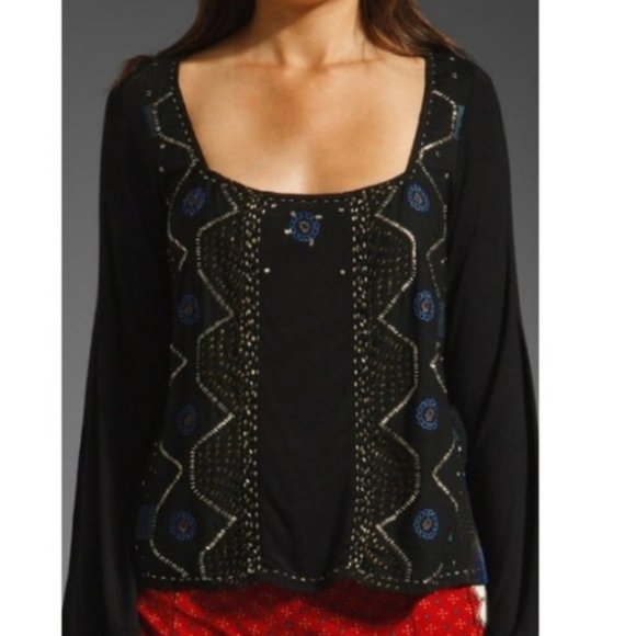 Free People beaded bell sleeve top black XS small - Picture 14 of 14